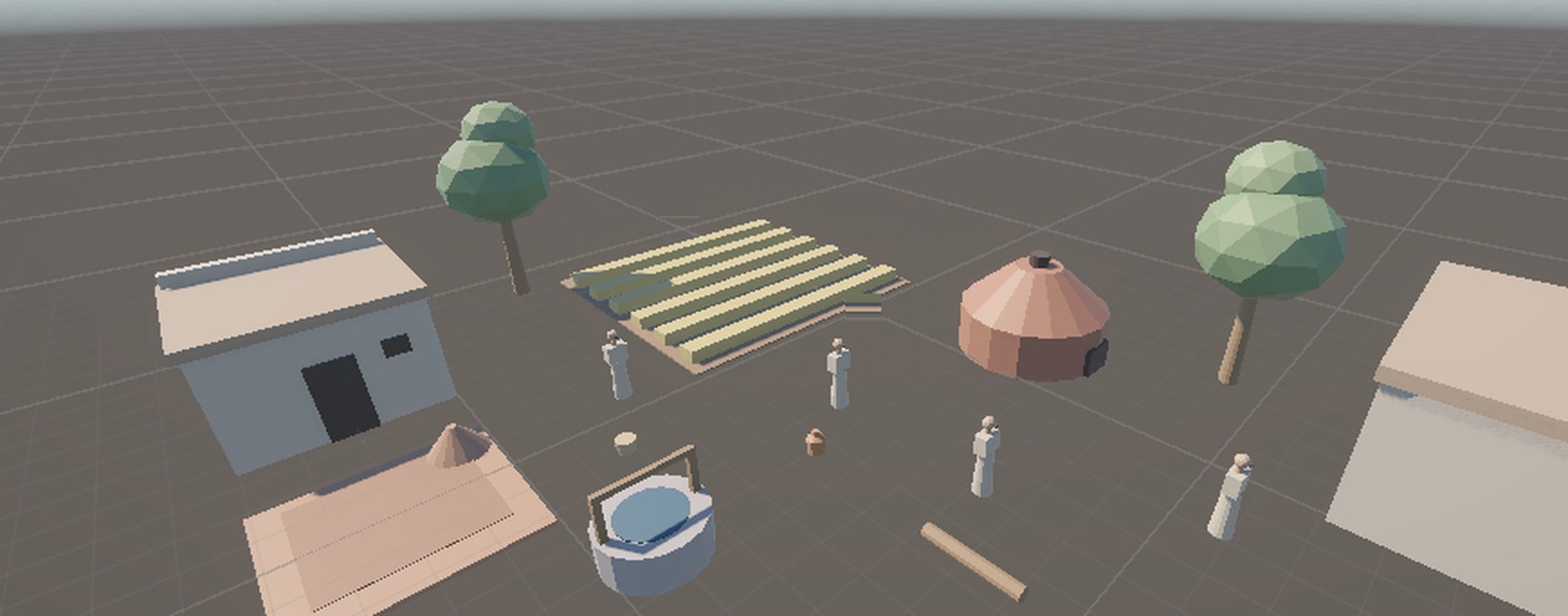 A small grey-box village: two houses, a well, a field with crop rows, a domed kiln, a clay pit, trees and a few villagers, all as simple shapes.